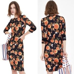 ZARA Floral Midi‎ Dress Black Orange Roses Bodycon 3/4 Sleeves size M Party Date